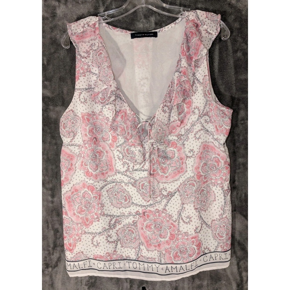 Tommy Hilfiger Lined Ruffle Tie Neck Chiffon Sleeveless L/XL‎ (See Pics) Pink